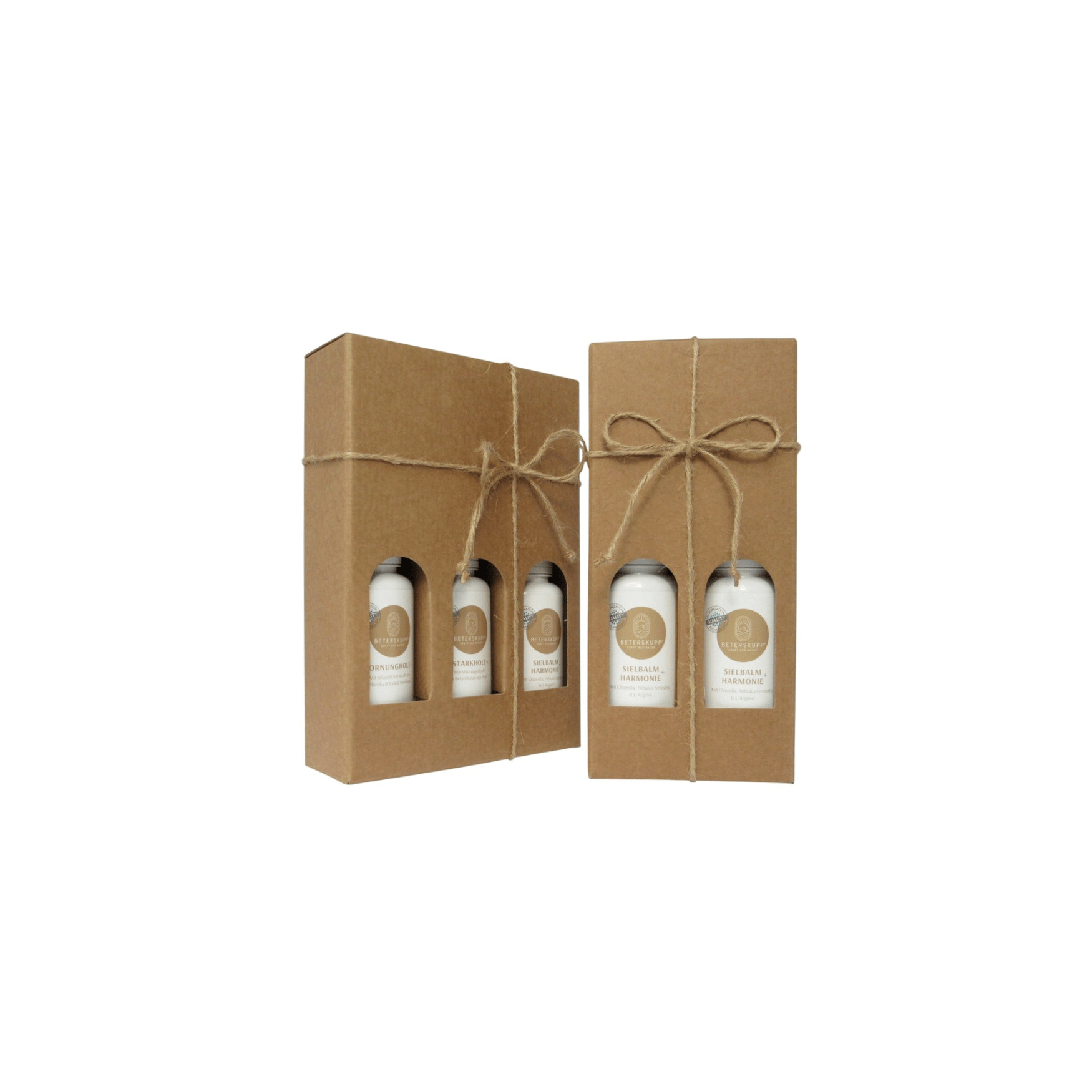 Geschenbox M und L_Beterskupp-Stil_Kraftpapier_Holzwolle_Juteband